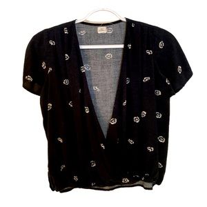 O’Neill Black Wrap Blouse With White Floral Embroidery Detail. Size X-Small.